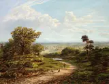 George William Mote, Expansive Landscape with Shephard Boy and Distant Village -, Oil on canvas