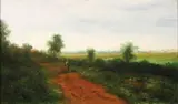Summer Landscape with Travelers on a Path by American School, Oil on wood panel, sold Nov 2016