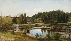 Ivan Shishkin, A Sunlit Landscape with Train, Oil on canvas laid down on board