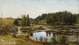 Ivan Shishkin, A Sunlit Landscape with Train, Oil on canvas laid down on board