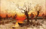 Julius Yulevich von Klever, Winter Dusk Scene with Distant Village, Oil on canvas