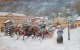 Boris Mikhailovich Kustodiev, A Winter Coach Scene, Watercolor and gouache on paper