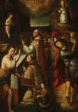 Spanish Colonial School, The Mass of Saint Gregory, Oil on canvas laid down