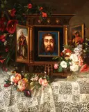 Emile Serda, A Still Life with Triptych and Flowers on Lace Tablecloth -, Oil on canvas