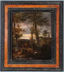 Flemish School, Farmers with Livestock in a Wooded Landscape, Oil on wood panel