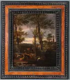 Flemish School, Farmers with Livestock in a Wooded Landscape, Oil on wood panel