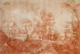 French School, An Extensive Landscape with Farm, Animals and Figures, Sanguine on laid paper