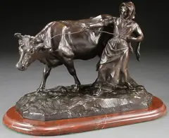 Charles Valton, La fermiere et la vache, Bronze with dark brown patina