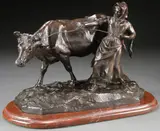 Charles Valton, La fermiere et la vache, Bronze with dark brown patina