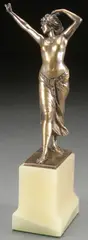 Franz Peleschka, Partially Nude Dancer with Castanets, Silvered bronze on onyx base