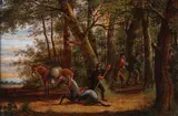 Figures in a Wooded Landscape with a Stubborn Mule - by Continental School, Oil on wood panel, sold May 2016