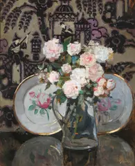 Jules Alexadre Grün, Still Life with Flowers and Porcelain, Oil on board