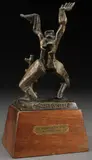 Monument to the Destroyed City of Rotterdam by Ossip Zadkine, Bronze with blackened patina and on original wood base with paper label imprinted in Dutch "DE VERWOESTE STAD ROTTERDAM", sold May 2016
