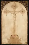 Étienne Delaune, Prepatory Drawing for an Ornate Gemset Altar Crucifix, Pen, ink and watercolor on perhaps vellum laid on a wood panel
