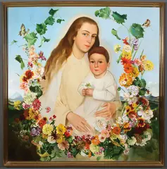Madonna and Child Surrounded by Wreath of Flowers, Birds and Butterflies by Franz Xaver Wolf, Oil on board, sold May 2016