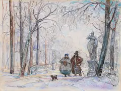 Alexandre Nikolaevich Benois, A Winter Stroll in the Summer Gardens, St. Petersburg -, Pencil, watercolour, gouache, and chalk