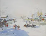 Winter Russian Village Scene with Troika and Figures by Konstantin Alexseyvitch Korovin, Gouache on board, sold May 2016