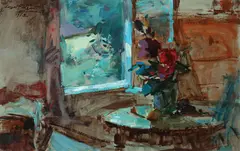 Sergei Bongart, Still Life with Flowers Near Window -, Oil on masonite