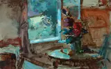 Sergei Bongart, Still Life with Flowers Near Window -, Oil on masonite