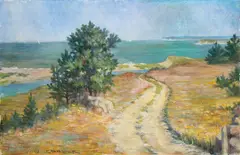 Edith Chadwick, Seaside Landscape with Sailboats in Distance, Oil on canvas