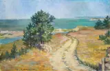 Edith Chadwick, Seaside Landscape with Sailboats in Distance, Oil on canvas