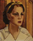 Portrait of a Young Woman with Ribbon-Tied Hair - by American School, Oil on wood panel, sold May 2016