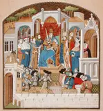 French School, A hand illuminated sheet depicting a King and His Court, Watercolor, gouache and gilt highlights on paper