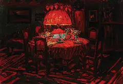 Otto Hamel, Interior Scene with Dining Table and Red Lamp, Oil on canvas