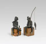 Hagenauer, Fisher & hunter, wood, brass, patinated; both figures marked on the bottom