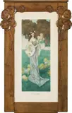 Heinrich Lefler, Mixed lot: two works, carved wooden frame, painted red; one picture without glass; graphic print, both inscribed, both signed: "H.LEFLER"