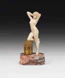 Affortunato Gory, Kneeling Nude, ivory, carved, bronze, cast, partly cold painted, marble base; stool signed: "Gory"