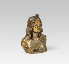 Léopold Savine, Ophelia, bronze, gilded; bust of Ophelia with flowers in her hair; signed on her shoulder