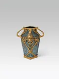 Gustav Gurschner, Vase with brass mounting, colourless glass, ruby red overlaid; bronze mounting, gilded