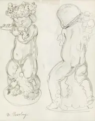 Michael Powolny, Design drawing "Flötenputto, pencil on paper; signed on the lower left: "M. Powolny"; framed