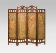 Alphonse Mucha, Room-divider, lithograph, wood, brass, each signed and dated "Mucha/99", original wallpapering on the reverse