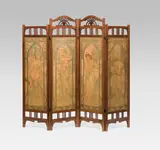 Alphonse Mucha, Room-divider, lithograph, wood, brass, each signed and dated "Mucha/99", original wallpapering on the reverse