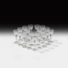 Emil Hoppe, 21 Drinking glasses, clear glass, cut; 10 goblets and 11 liqueur glasses