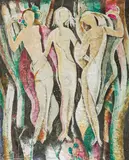 Max Snischek, The Three Graces, mixed media on canvas, collaged; singned on the lower left: "M. Snischek/Wien"