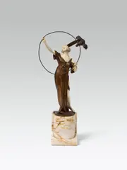 Alfred Brandel, Young lady with parrot, bronze, ivory, marble; signed on the bronze plinth: "A. Brandel fec."