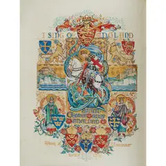 I SING OF ENGLAND: ARTS & CRAFTS ILLUMINATED MANUSCRIPT, EARLY 20TH CENTURY by Jessie Bayes, pen and ink on vellum with gold embellishments, sold Apr 2021
