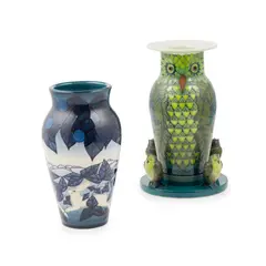 Sally Tuffin, ‘GREEN OAK OWL’ ETRUSCAN VASE ON BASE, 20TH CENTURY, glazed earthenware