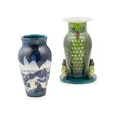 Sally Tuffin, ‘GREEN OAK OWL’ ETRUSCAN VASE ON BASE, 20TH CENTURY, glazed earthenware