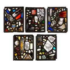 Florence Camm, FIVE STAINED GLASS PANELS OF ARTS & CRAFTS DESIGN, CIRCA 1928, 1928, painted and leaded glass in a collage design