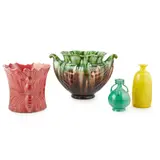 TWIN-HANDLED JARDINIÈRE, CIRCA 1895 by Christopher Dresser, 1895, together with an AULT YELLOW-GLAZED BOTTLE VASE, sold Nov 2020