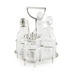 Christopher Dresser, SILVER PLATE FOUR-PIECE CRUET SET, CIRCA 1880, 1880, fitted with cut glass bottles for oil