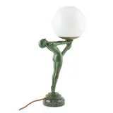 Max Le Verrier, ART DECO PATINATED BRONZE FIGURAL TABLE LAMP, CIRCA 1930, 1930, raised on a green marble plinth