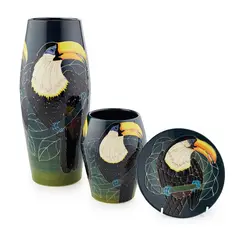 Sally Tuffin, GROUP OF CERAMIC WARES, comprising TWO 'TOUCAN' CERAMIC VASES, DATED 2000 the tall shouldered vase decorated with three toucans perching on a branch