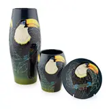 Sally Tuffin, GROUP OF CERAMIC WARES, comprising TWO 'TOUCAN' CERAMIC VASES, DATED 2000 the tall shouldered vase decorated with three toucans perching on a branch