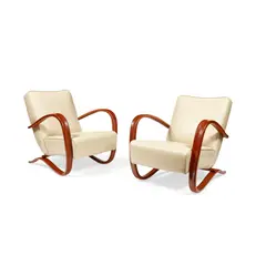Jindrich Halabala, Pair of 'Kreslo H269' Armchairs, white leather and bentwood