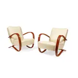 Jindrich Halabala, Pair of 'Kreslo H269' Armchairs, white leather and bentwood